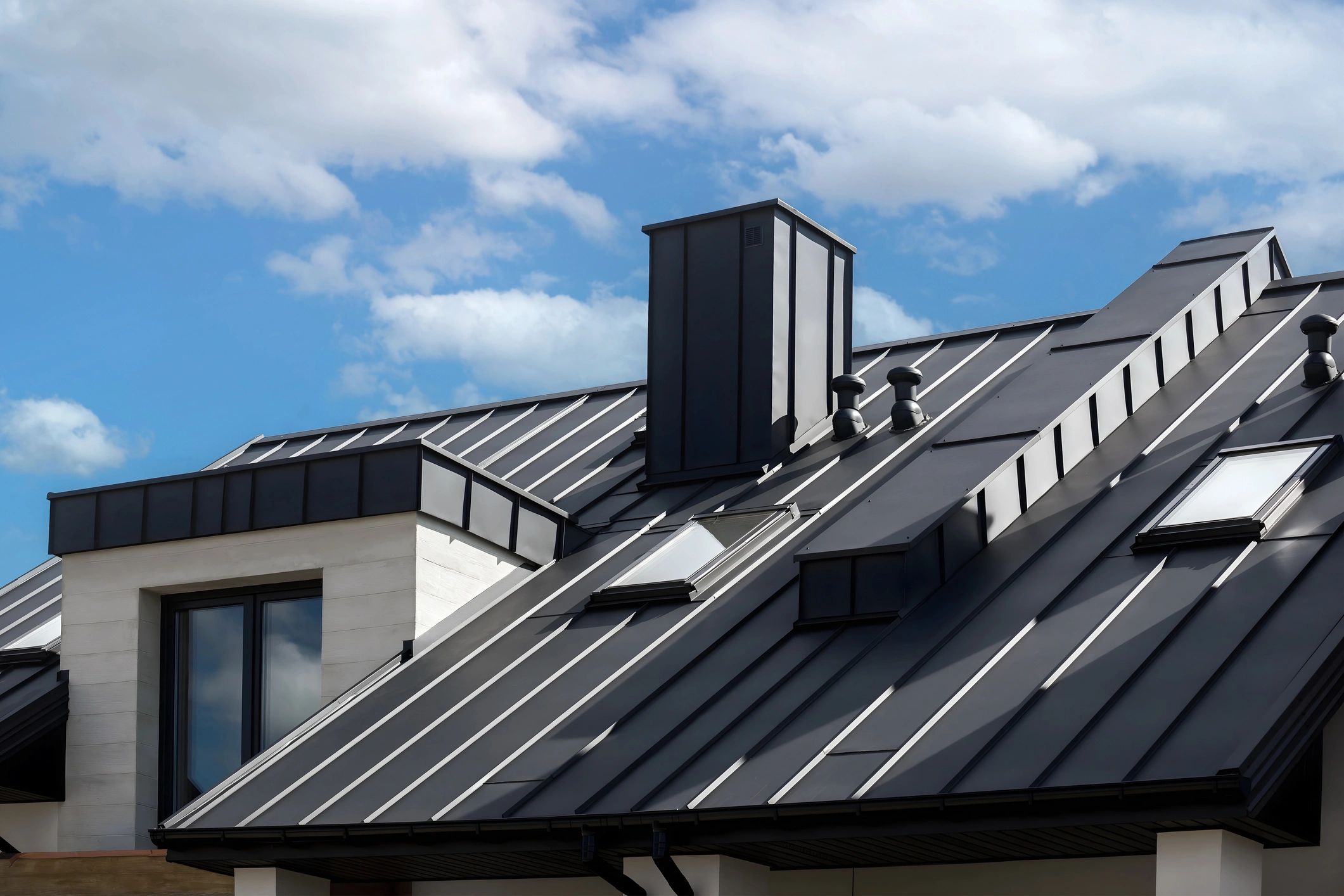 Close-up house retro roof panel with standing seam